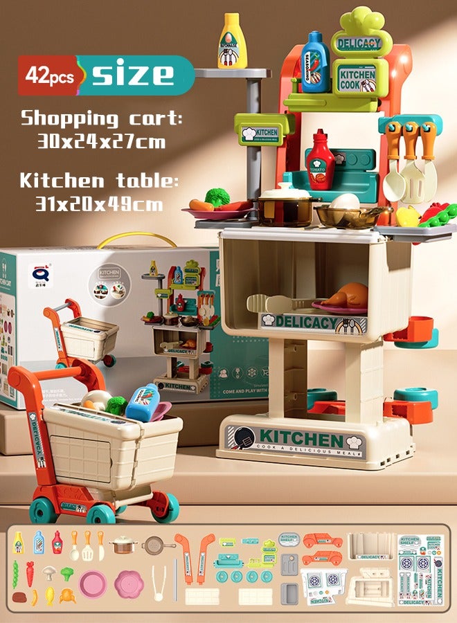 Kids Shopping Cart 2 in 1 Toy Shopping Cart with Shop Accessories, 42pcs Pretend Play Grocery Store Toy Kitchen Game Trolley Play Set for Kids - Image 2